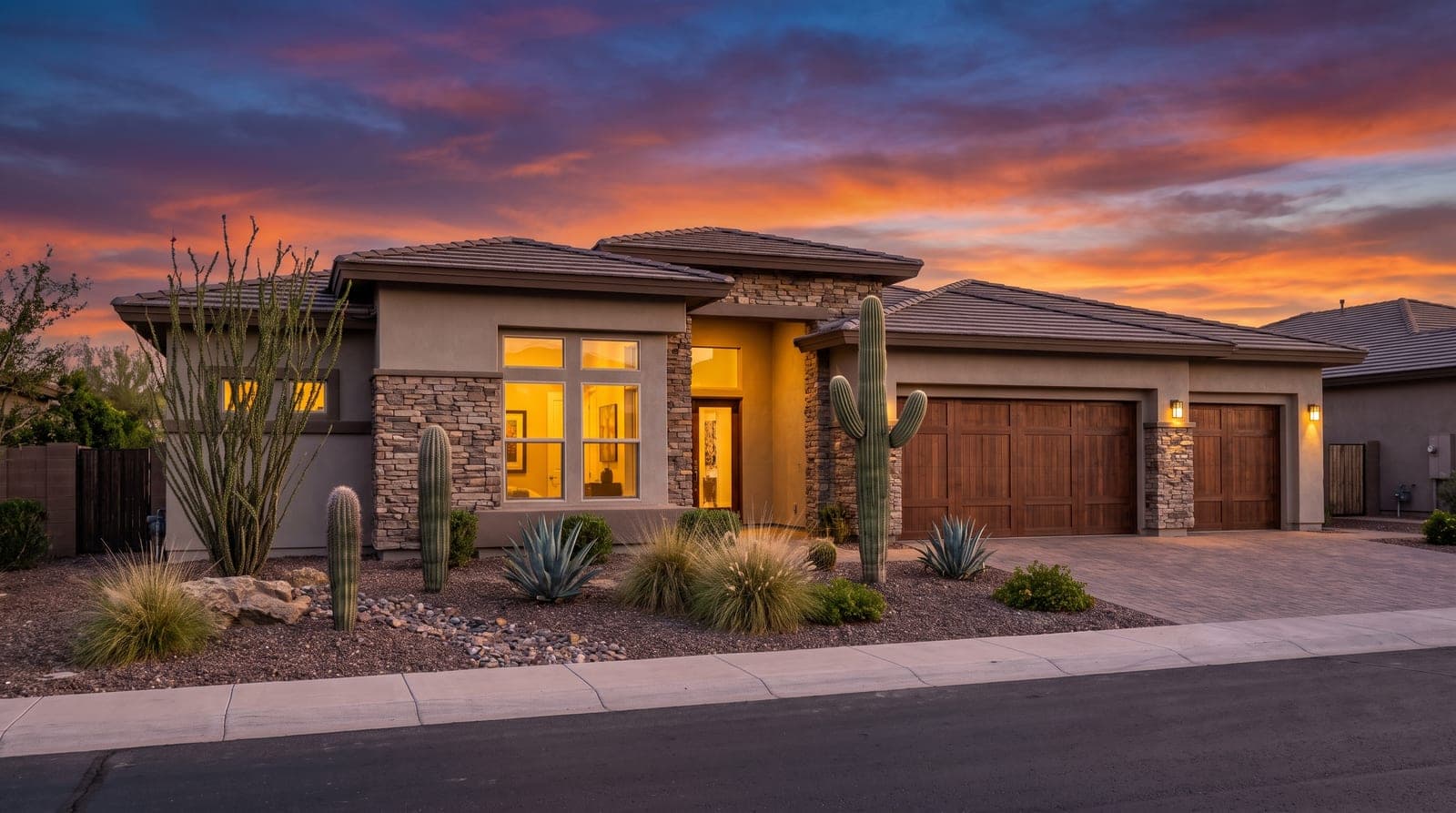 Modern single-family home in Gilbert, Arizona at dusk